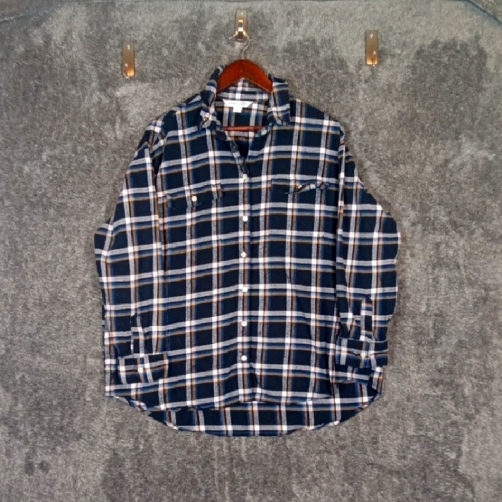Old Navy Womens The Boyfriend Shirt Button Front Plaid Navy Flannel Size Xl